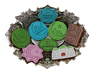 Traditional Islamic Feast, Cookies for celebration of Eid El Fitr (Kahk) . Gingerbread cookies with different shape of mosque, crescent moon on white, copy space for your text