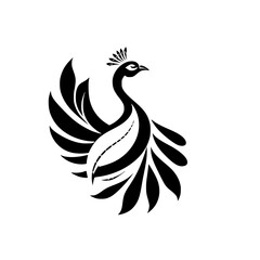 Elegant Peacock Bird Design: Black and White Stylized Vector Illustration. Perfect for logos, prints, and home decor.  A sophisticated avian symbol of beauty and nature.
