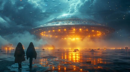 A symbolic depiction of a first contact moment between humans and aliens onboard a glowing spaceship