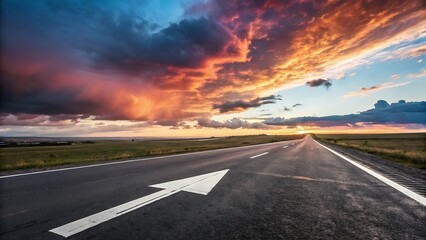 Naklejka premium Open Road with Arrow and Dramatic Sunset Sky for Inspirational and Travel Themes