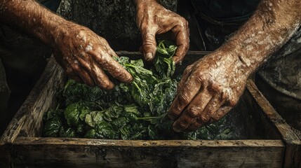 Hands placing freshly washed vegetables into wooden crates for shipment.