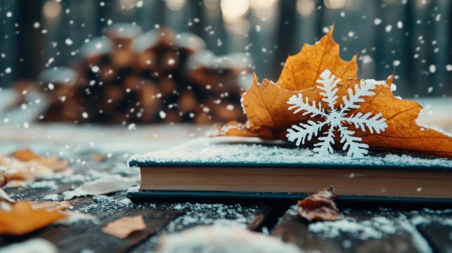An inviting scene showcases a book adorned with a snowflake on top of fresh snow, complemented by autumn leaves, capturing the serene beauty of winter's first snowfall.