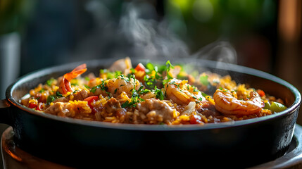 Fototapeta premium Aromatic Seafood Paella: Vibrant Spanish Rice Dish