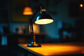 Desk lamp illuminates workspace in a cozy room during the evening hours