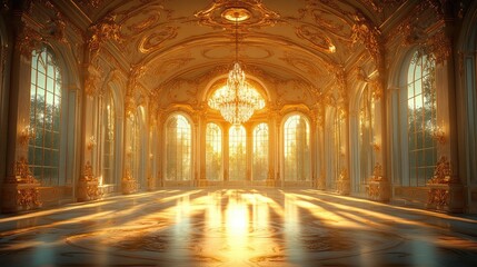 A grand interior of an opulent ballroom featuring high ceilings adorned with intricate gold moldings.