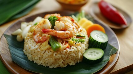Image of rice and Indonesian nasi goreng with shrimp and vegetables in a traditional Indonesian plate, emphasizing savory and aromatic qualities. Ideal for Indonesian cuisine and street food.