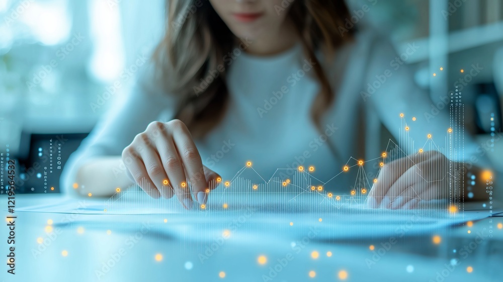 Poster usinesswoman analyzing financial data with futuristic digital interface, symbolizing business growth, data analysis, and technology-driven decision-making, Generative AI