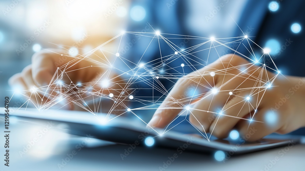 Aufkleber Hands interacting with a digital tablet, visualizing a networked data structure, representing connectivity, analytics, and the power of digital transformation, Generative AI