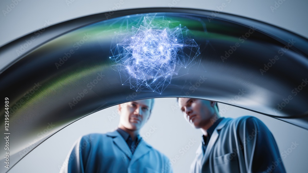 Aufkleber Two scientists observe a complex network of data points, visualized as a glowing sphere, within a futuristic interface.