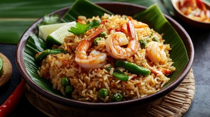 Image of rice and Indonesian nasi goreng with shrimp and vegetables in a traditional Indonesian plate, emphasizing savory and aromatic qualities. Ideal for Indonesian cuisine and street food.