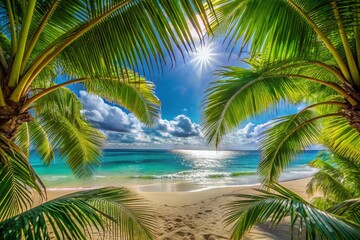 Fototapeta premium Tropical Beach Paradise: Palm Leaf Framed Turquoise Ocean and Sandy Shore