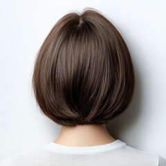 A woman displays a stylish short brown bob hairstyle, emphasizing its sleekness and volume