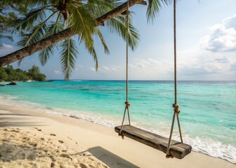 Tropical Beach Swing: Relaxing Ocean View with Copy Space for Text - Stock Photo