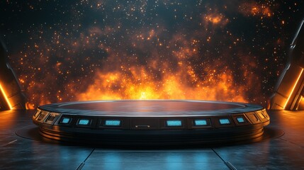 Cosmic Presentation Stage: A futuristic, circular stage glows with an ethereal, otherworldly light, set against a backdrop of swirling nebulae and cosmic dust.