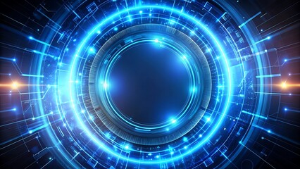 Obraz premium Futuristic Blue Neon Circle with Dynamic Light Trails on Dark Background for Sci-Fi and Tech Branding