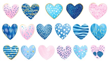Colorful blue and pink hearts showcase unique patterns and textures in a vibrant display