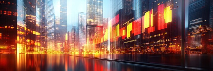 A bustling city skyline illuminated by warm lights during twilight hours