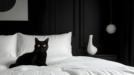Black Cat in a Modern Minimalist Bedroom