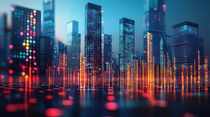 Modern city skyline features vibrant lights reflecting on the surface during twilight
