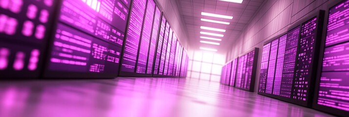 Fototapeta premium Long corridor lined with data servers glowing in vibrant purple light, showcasing technology