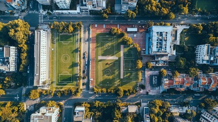Obraz premium Aerial View of Urban School Campus with Lush Green Fields