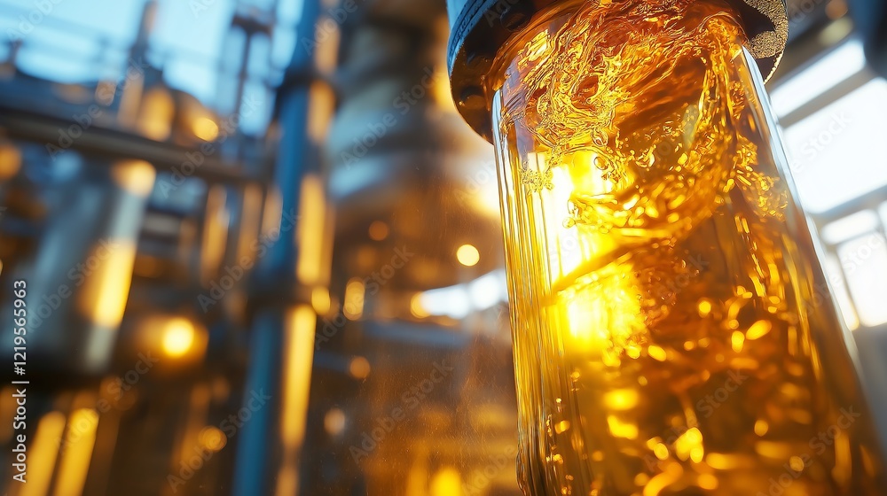 Poster golden liquid inside a transparent glass pipeline with an industrial refinery in the background, rep