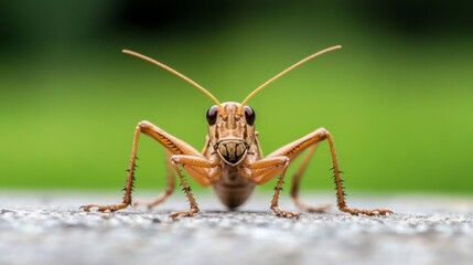 Close-up of a tan grasshopper facing the camera on a textured surface with a blurred green background.