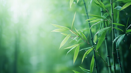Obraz premium Lush green bamboo leaves with dew drops glistening in sunlight