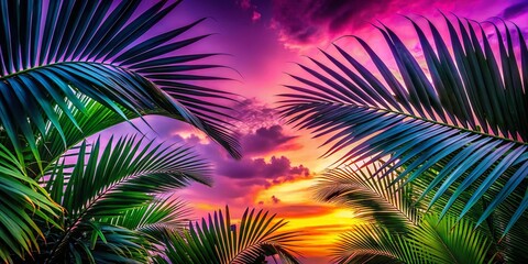 Tropical Sunset Silhouettes: Lush Foliage Against Vibrant Pink and Purple Sky