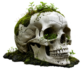 A weathered skull, with moss and small plants sprouting from the cracks and crevices, evoking a sense of decay being reclaimed by nature. Transparent background