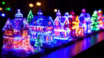 Fototapeta premium Illuminated Christmas village, night scene, festive display, holiday decor, for cards