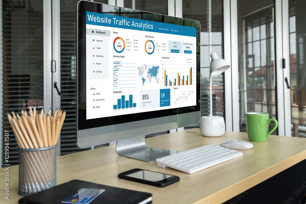 Poster computer software for website traffic analytics data on computer screen. concept of seo search engin