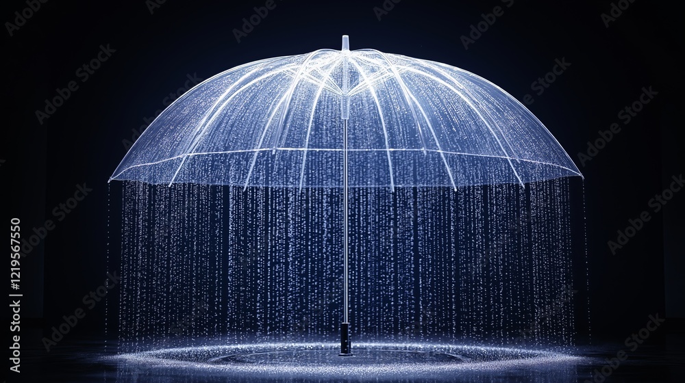 Poster futuristic glowing umbrella made of digital light beams, creating a striking high-tech concept again