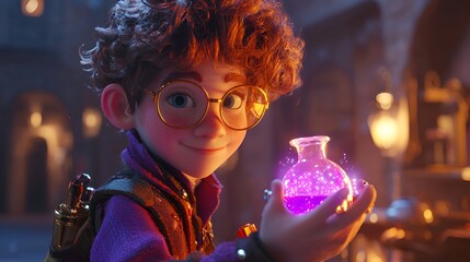 Young alchemist holding potion, medieval setting, fantasy background, children's book illustration