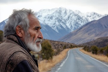 Portrait of a thoughtful gray-haired elderly man walking along a scenic mountain road