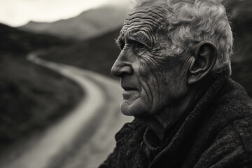 Profile of an elderly man on a winding road with mountains in the background in a black and white portrait