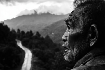 Portrait of an elderly Asian man in profile with a winding road and mountain landscape in black and white