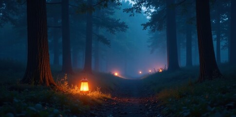 Obraz premium Lanterns shining through a misty forest at dusk, forest, darkness, shadow