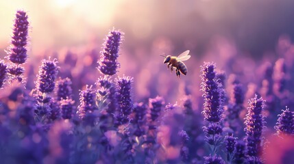 Naklejka premium Bee Pollinating Lavender Flowers at Sunset