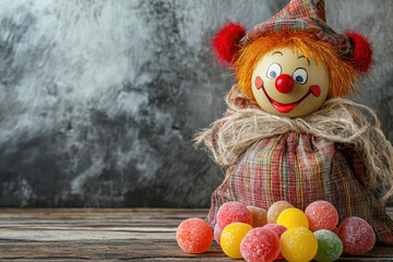 Fototapeta premium Clown toy and colorful candies for Jewish holiday Purim on wooden and marble background. Free space for text.