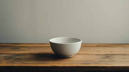 Empty white bowl on rustic wooden table against a neutral background.