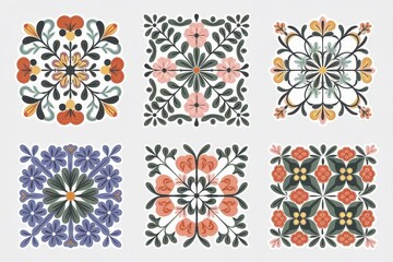 Six Square Floral Designs Featuring Various Colors and Patterns