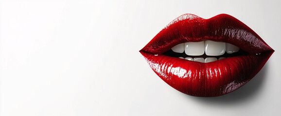 Obraz premium Close-up of glossy red lips with perfect white teeth on a clean white background