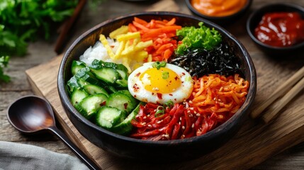 Image of rice and Korean bibimbap with vegetables and egg in a traditional Korean bowl, emphasizing vibrant and balanced qualities. Ideal for Korean cuisine and healthy meals.