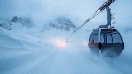 Obraz premium Snowy mountain cable car ride, foggy vista.