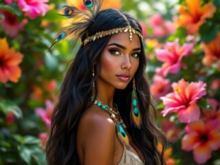 Naklejka premium Beautiful Woman with Peacock Feathers in a Vibrant Garden