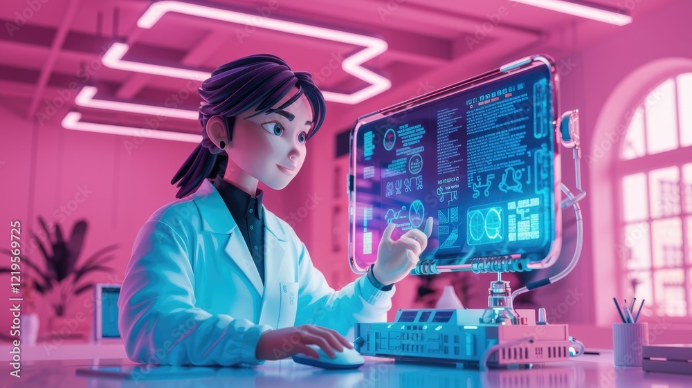 Poster A cartoon scientist in a futuristic lab interacts with a holographic computer screen, analyzing data.