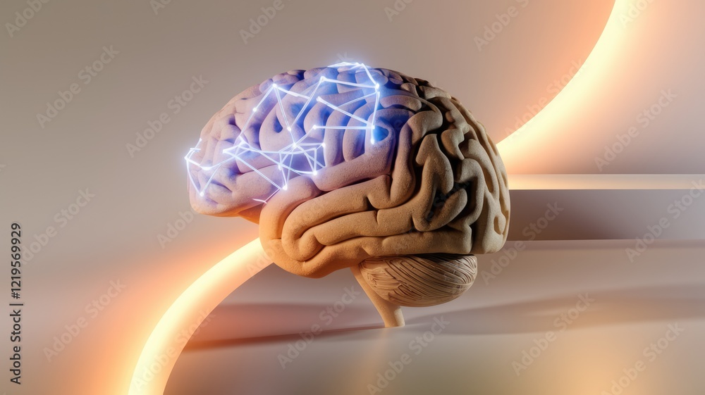 Poster Human brain model with glowing neural connections, showcasing cognitive processes and neural networks.