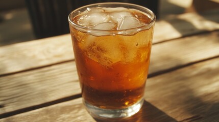 Iced brown drink in a glass on wooden table.