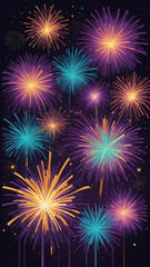 Naklejka premium A festive and vibrant background featuring fireworks explosions in radiant shades of purple, gold, and turquoise against a dark sky.